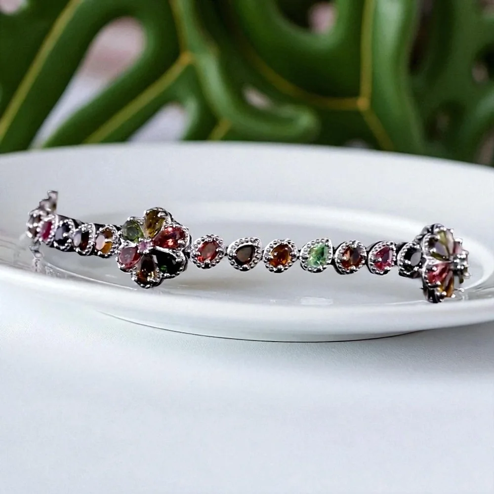 Multi-Tourmaline 8.6ctw Floral Sterling Silver Bracelet